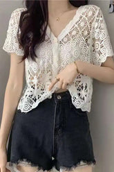 V-Neck Knitted Embroidered Crochet Open Shirts